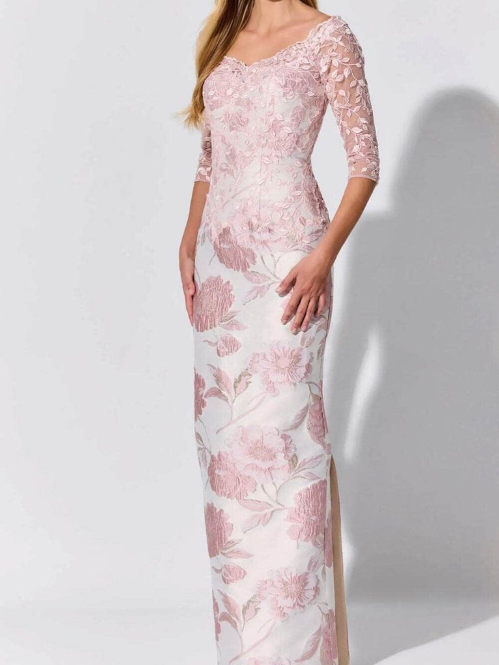 Blush Floral Lace Mermaid Gown with Three-Quarter Sleeves
